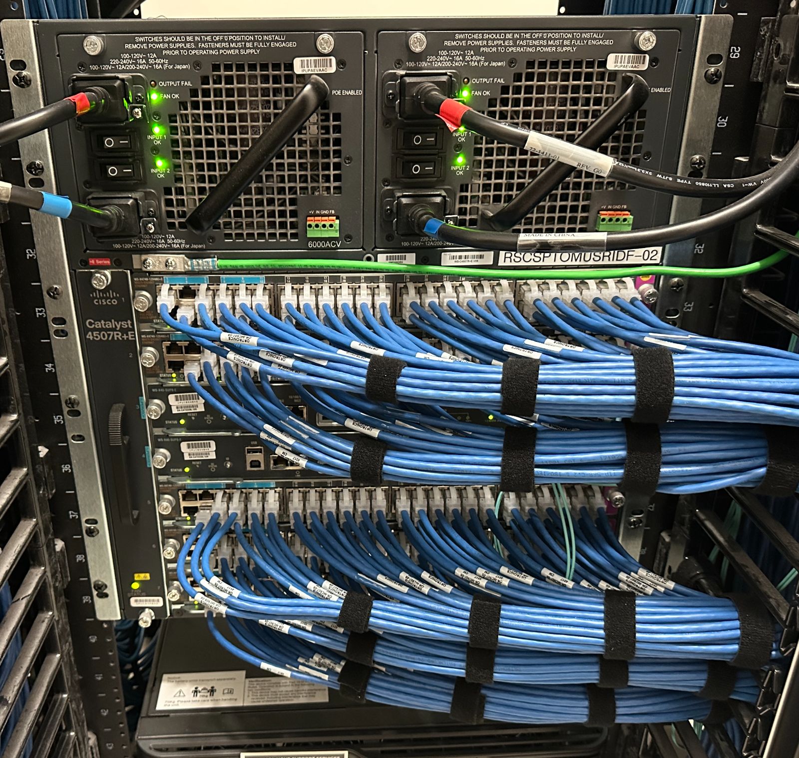 Neatly dressed, labeled patch cables on an enterprise switch