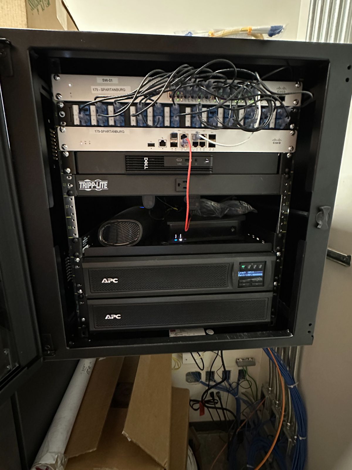 Small-office network cabinet with firewall, switch and battery backup